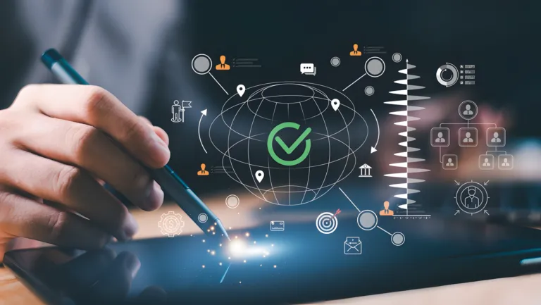 Digital compliance and global business management reflecting secure operations, governance structure, data-driven control, risk management, organizational transparency, sustainable enterprise growth.